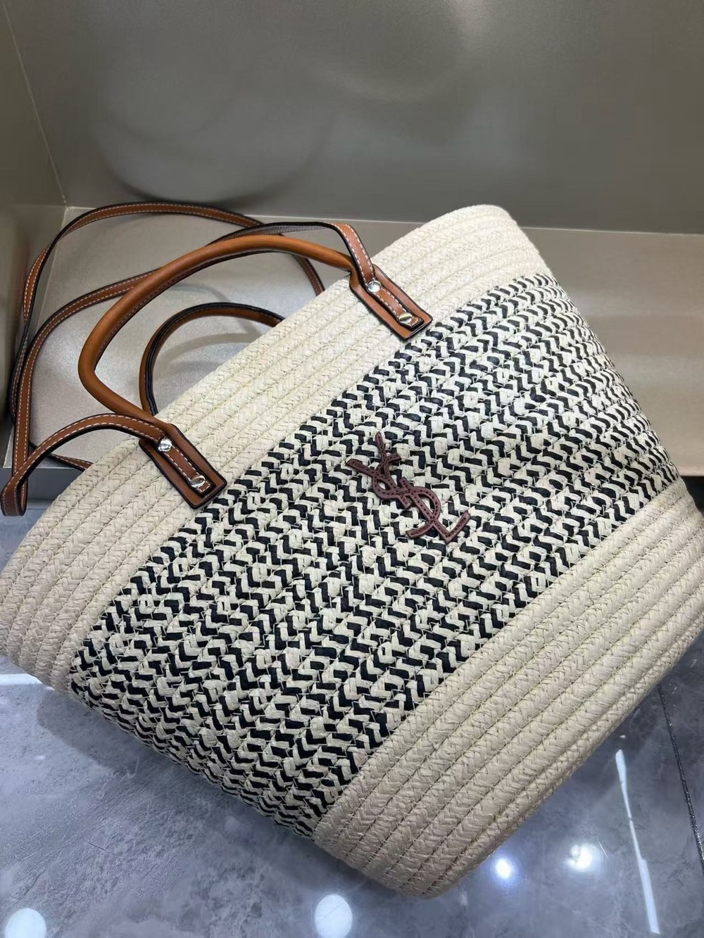 Yves Saint Laurent Black, Cream & Brown Woven Tote - Picture 2 of 6